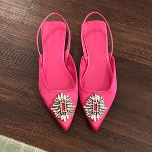 Bright Pink Embellished Slingback Flats - Women's